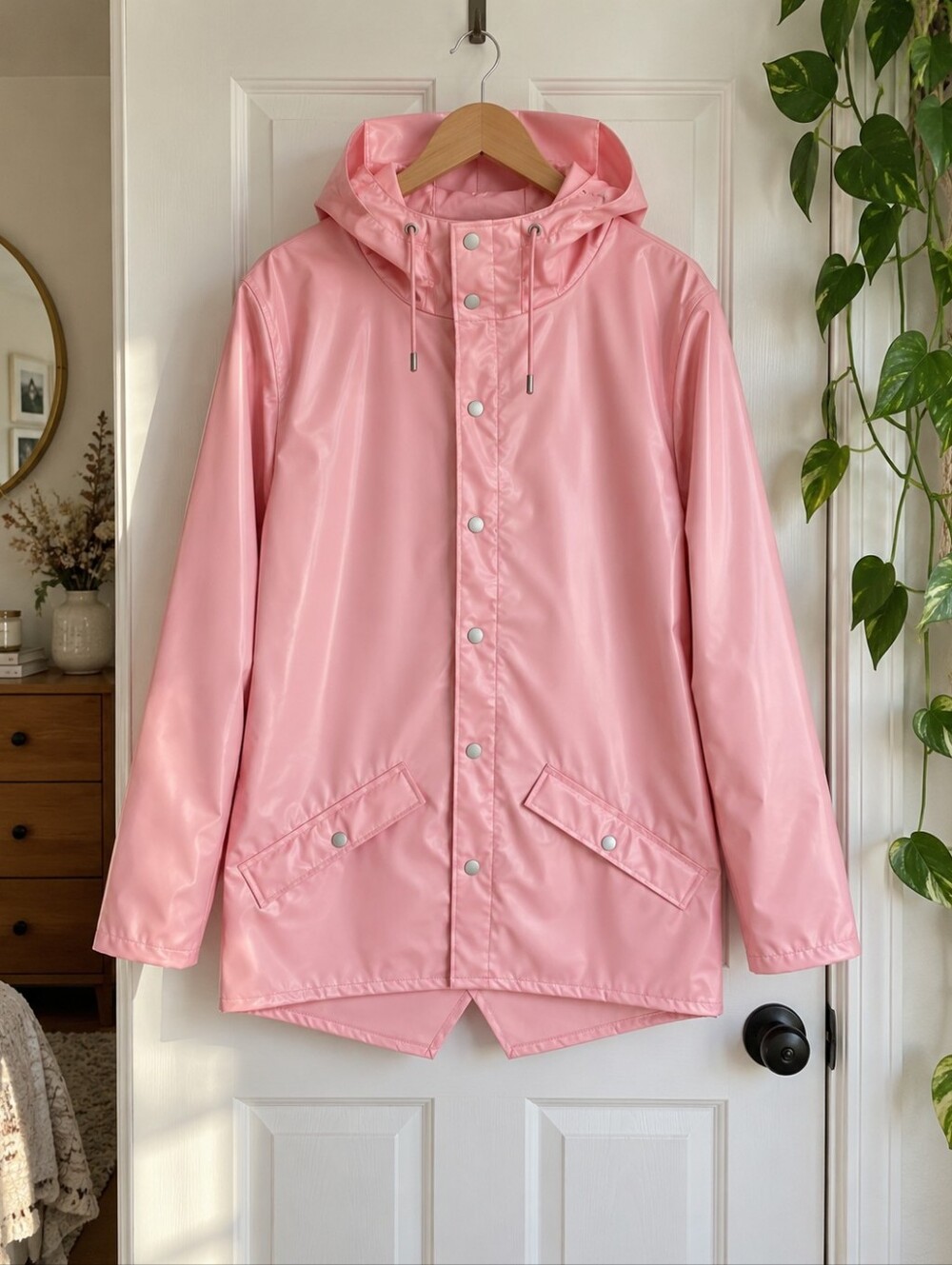 Pink Waterproof Hooded RAINS Raincoat Jacket, Never Worn